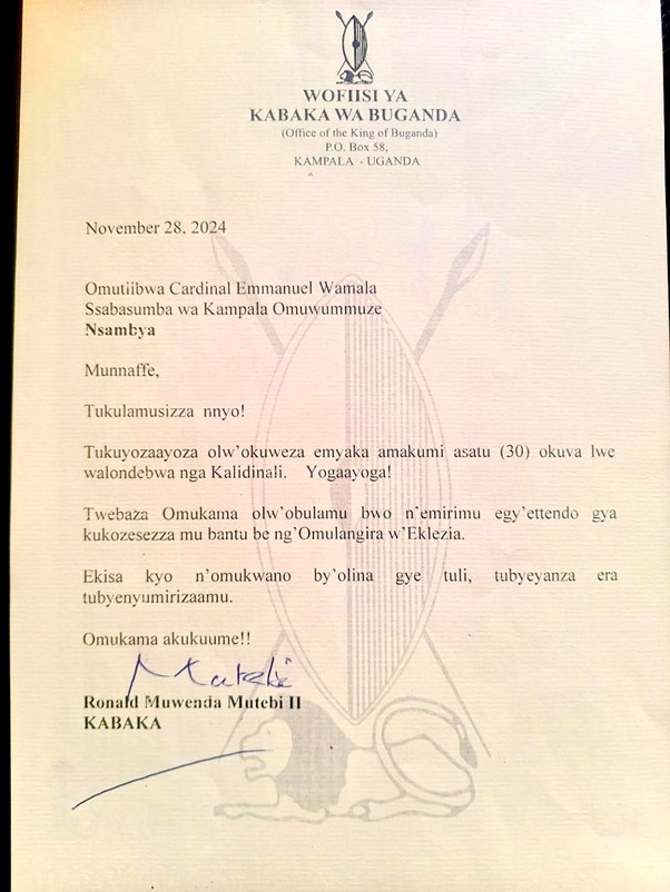 Message from the Kabaka to Cardinal Emmanuel Wamala
